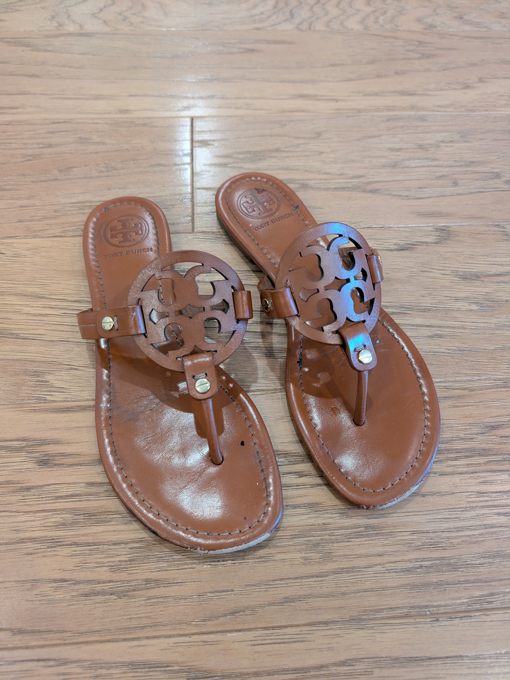 Tory Burch Brown Leather Logo Thong Sandals